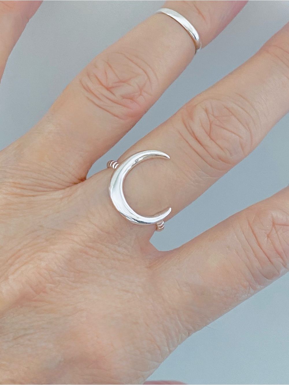 925 Sterling Silver Large Crescent Moon with Rope Band, Delicate Celestial Rings